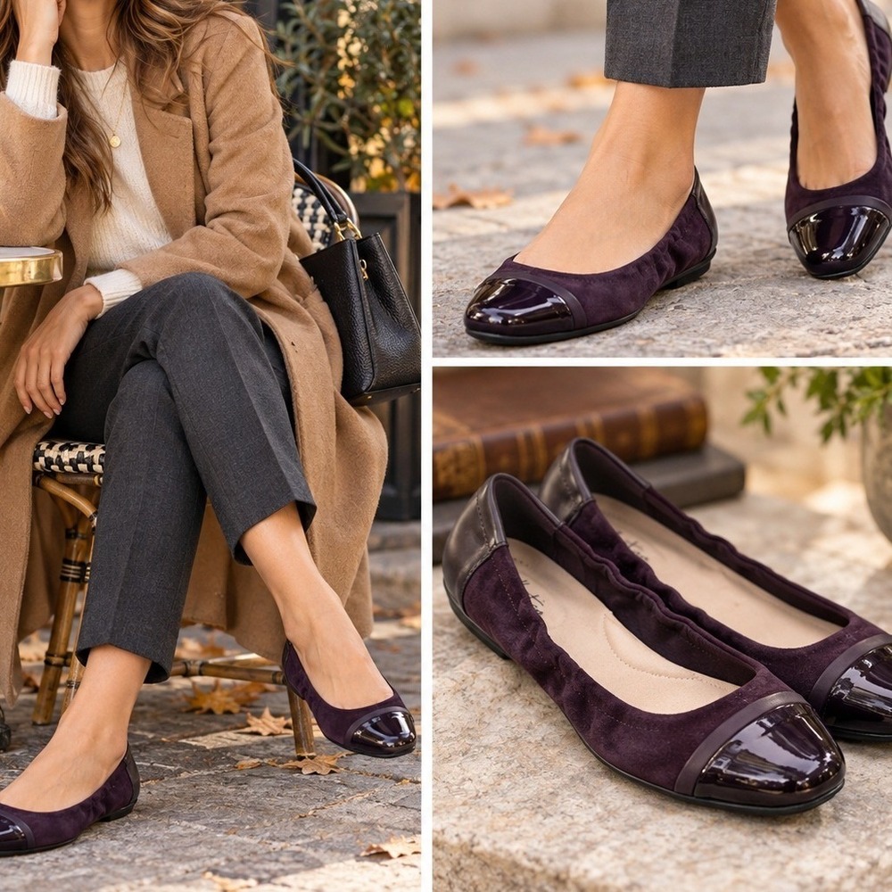 Clarks Collection Danelly Adira Aubergine Suede Patent Cap Toe Flats 8.5M